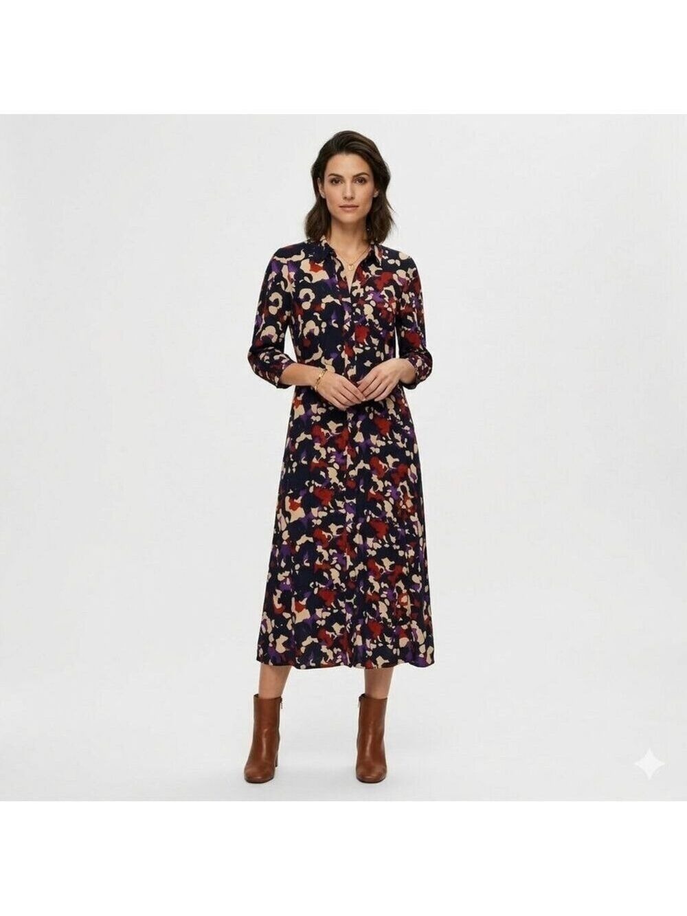 Selected Femme Black Abstract Floral Midi Dress Long Sleeve EU 34 0506